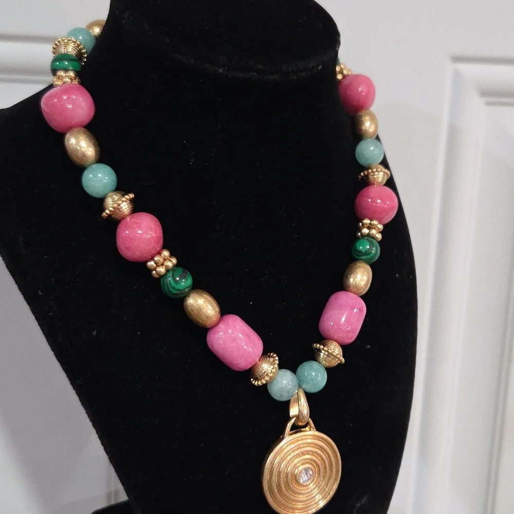 💕▪️ Piper K▪️Pink Marble & Dyed Quartz Malachite Beaded 16in CZ Necklace